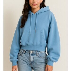 Cropped Hoodie Sweatshirt Women's SMALL Blue Drawstring Pullover Casual Comfy
